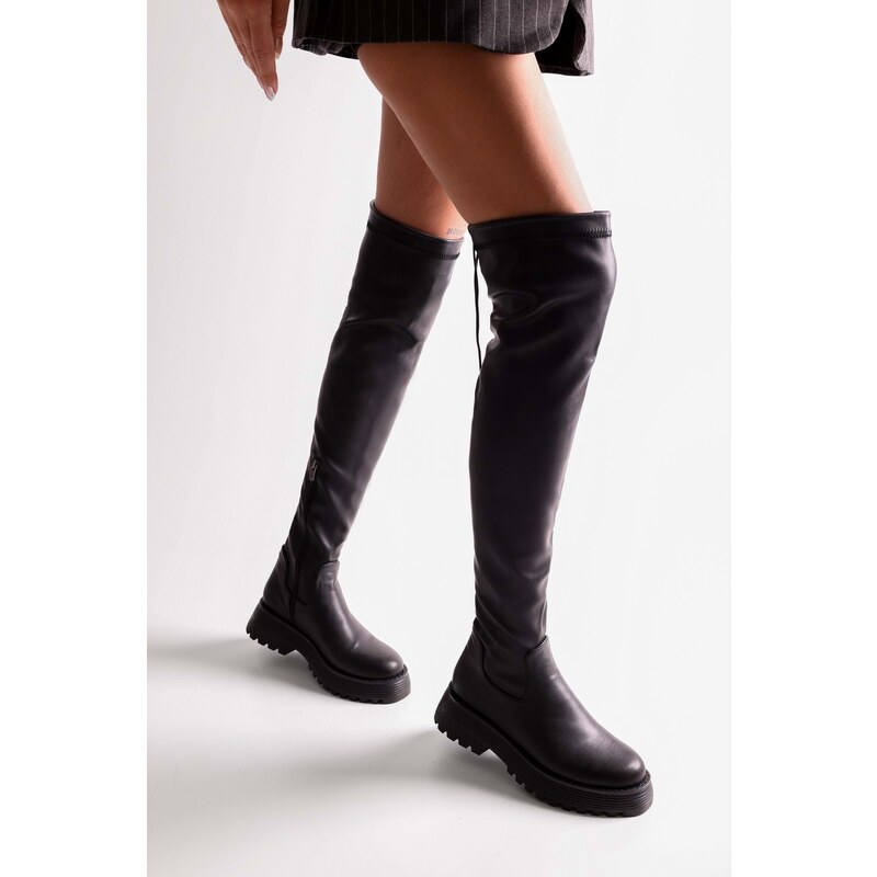 Shoeberry Women's Margot Black Thick Sole Long Stretch Elastic Boots Black Skin.