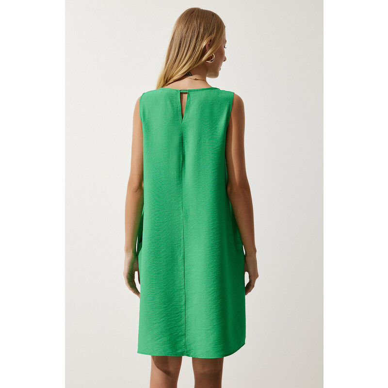 Happiness İstanbul Women's Dark Green Sleeveless Linen Viscose A-Line Dress