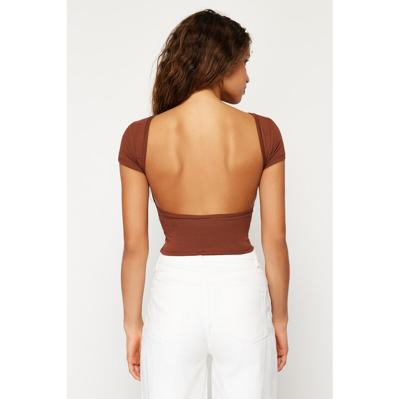 Trendyol Brown Decollete Crop Cotton Stretchy Knitted Blouse