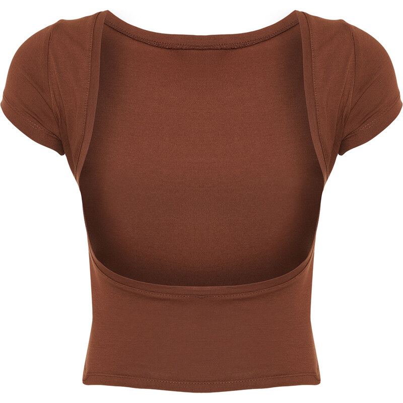 Trendyol Brown Decollete Crop Cotton Stretchy Knitted Blouse