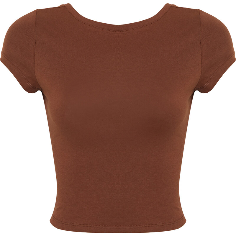 Trendyol Brown Decollete Crop Cotton Stretchy Knitted Blouse