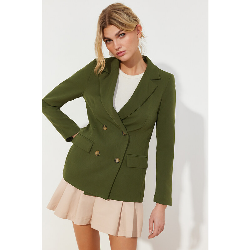 Trendyol Dark Khaki Regular Lined Double Breasted Closure Woven Blazer Jacket