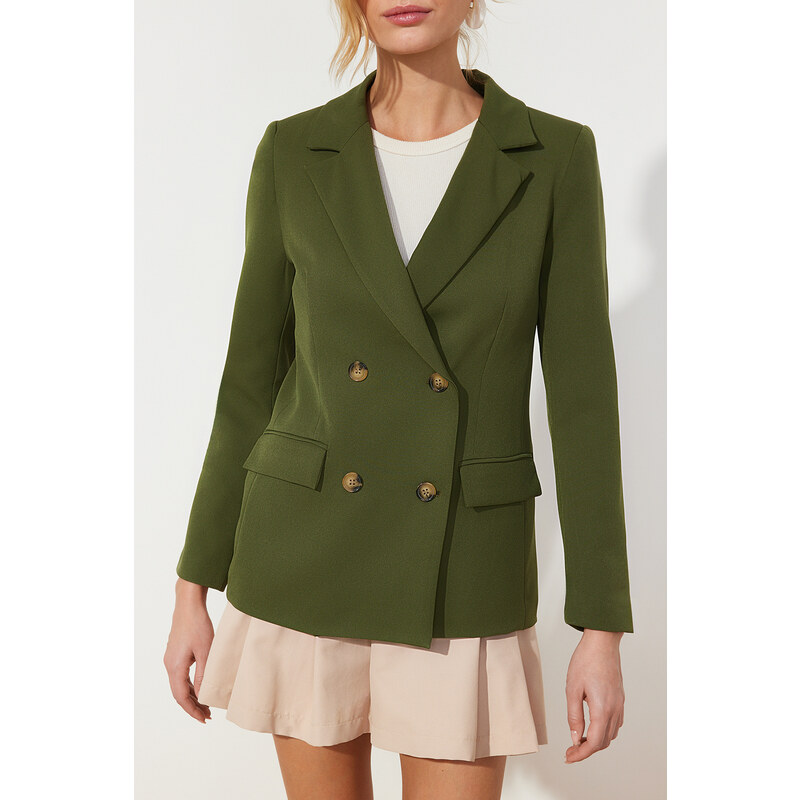 Trendyol Dark Khaki Regular Lined Double Breasted Closure Woven Blazer Jacket