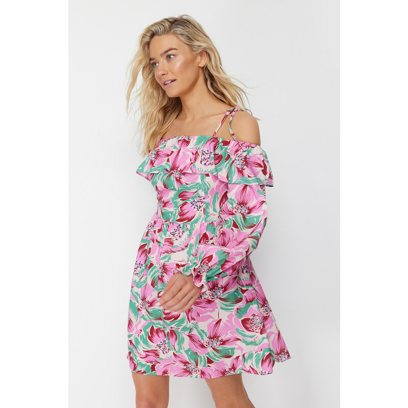 Trendyol Floral Pattern Mini Woven Ruffled Beach Dress