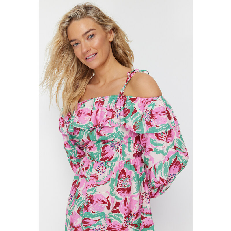 Trendyol Floral Pattern Mini Woven Ruffled Beach Dress