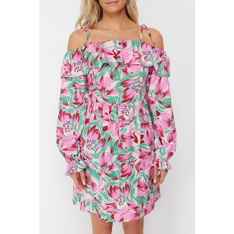 Trendyol Floral Pattern Mini Woven Ruffled Beach Dress