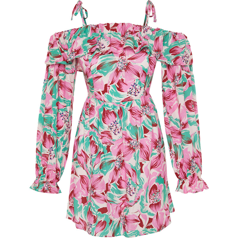 Trendyol Floral Pattern Mini Woven Ruffled Beach Dress