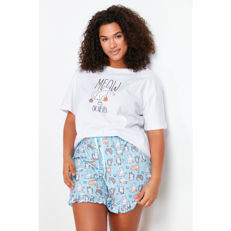 Trendyol Curve Blue Printed Knitted Pajamas Set