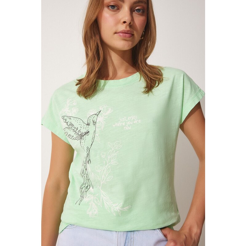 Happiness İstanbul Women's Light Green Printed Cotton T-Shirt