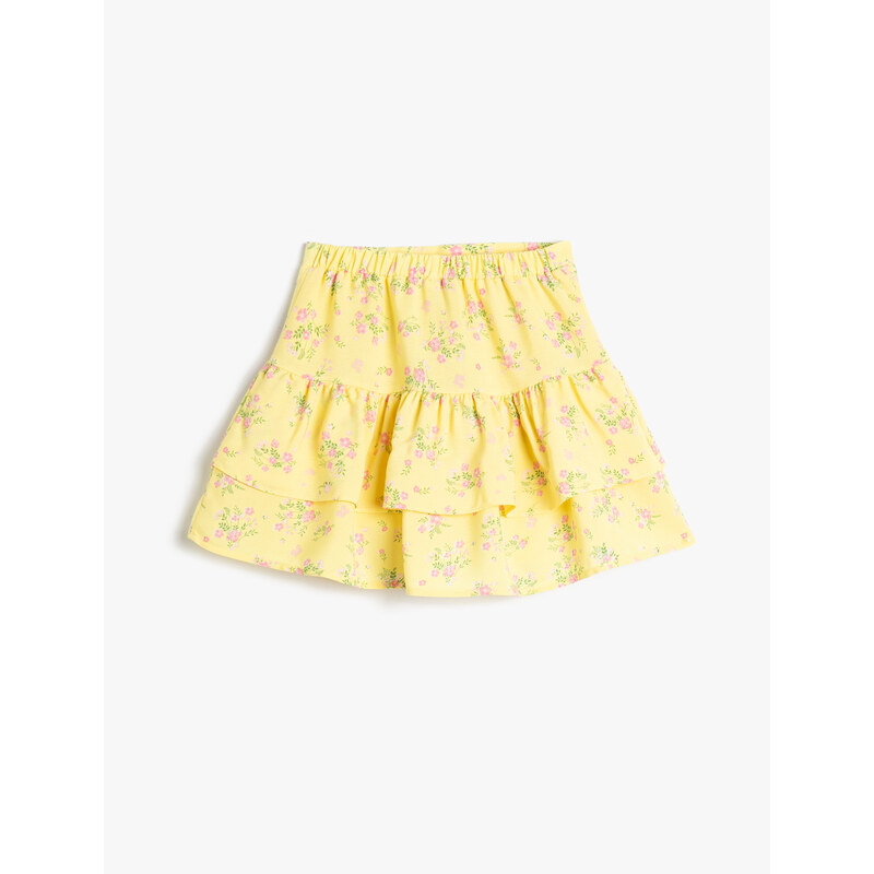 Koton Skirt With Ruffled Flowers, Elastic Waist, Cotton