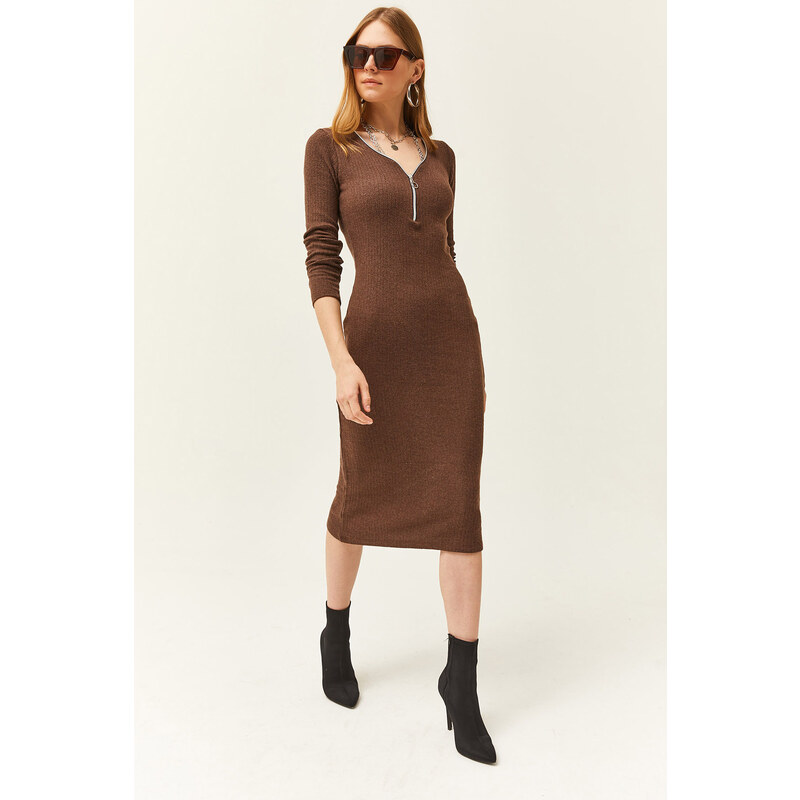 Olalook Women's Brown V-Neck Zippered Thick Ribbed Midi Dress