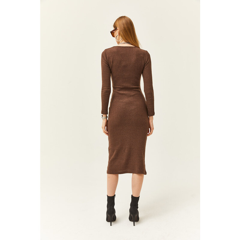 Olalook Women's Brown V-Neck Zippered Thick Ribbed Midi Dress