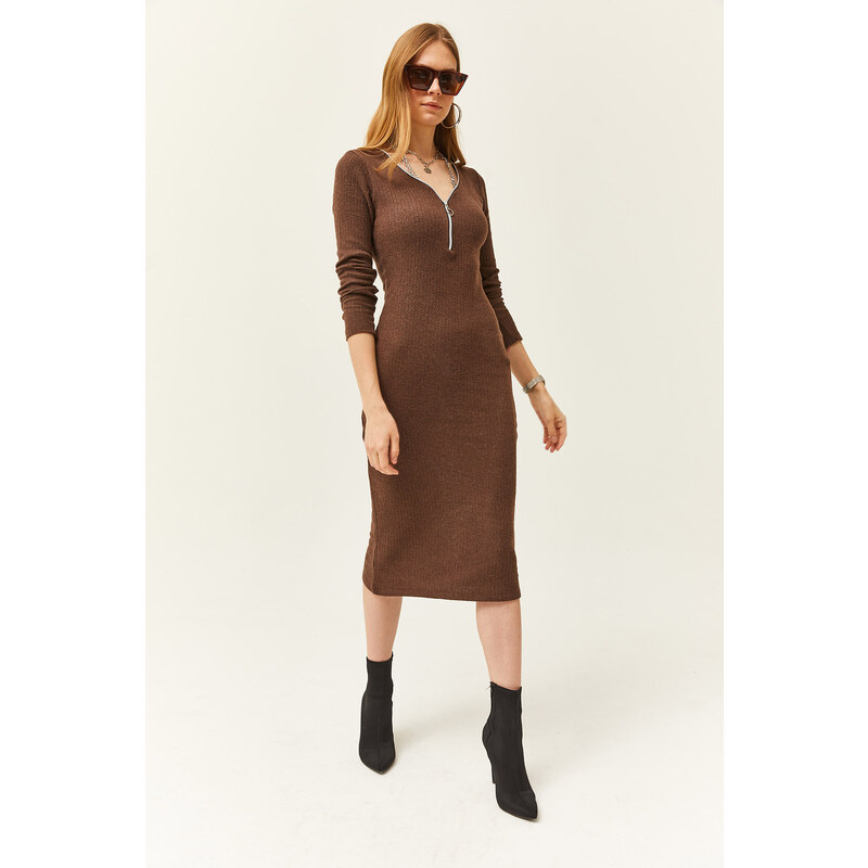 Olalook Women's Brown V-Neck Zippered Thick Ribbed Midi Dress