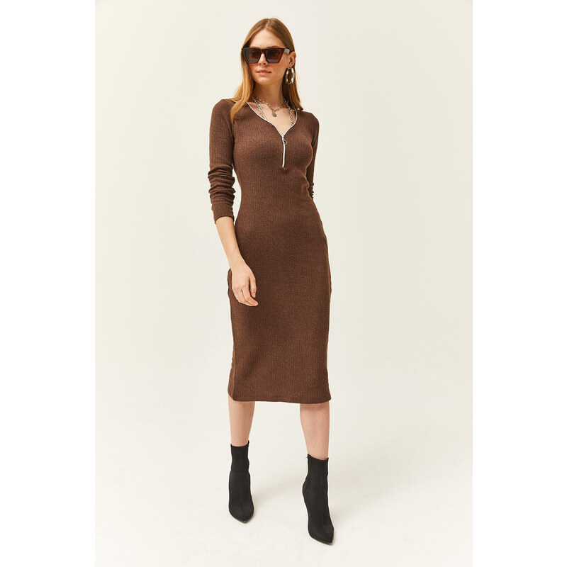 Olalook Women's Brown V-Neck Zippered Thick Ribbed Midi Dress