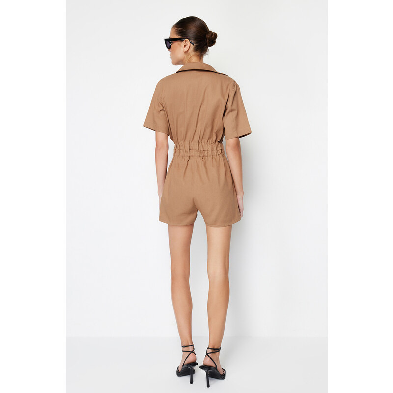 Trendyol Camel Shirt Collar Gather Detailed Gabardine Mini Woven Jumpsuit