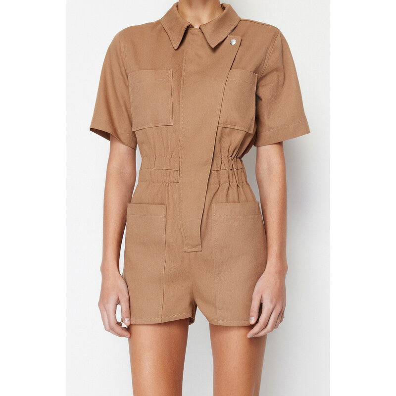 Trendyol Camel Shirt Collar Gather Detailed Gabardine Mini Woven Jumpsuit