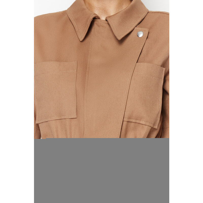 Trendyol Camel Shirt Collar Gather Detailed Gabardine Mini Woven Jumpsuit