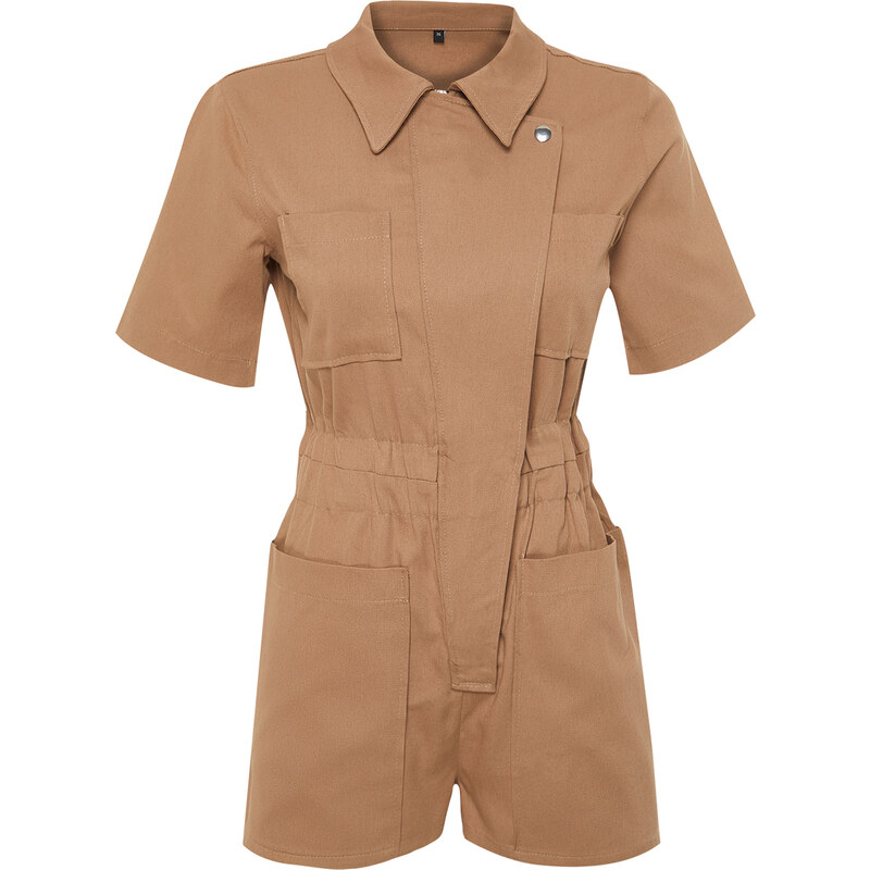 Trendyol Camel Shirt Collar Gather Detailed Gabardine Mini Woven Jumpsuit