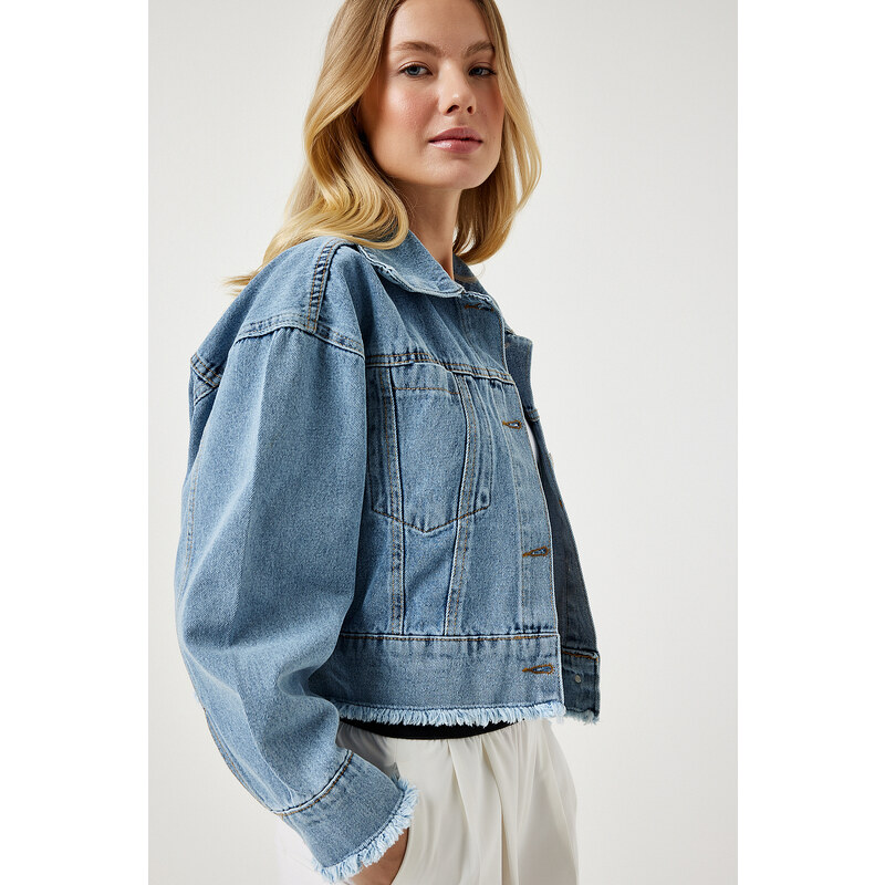 Happiness İstanbul Women's Light Blue Tassel Detailed Pocket Short Denim Jacket