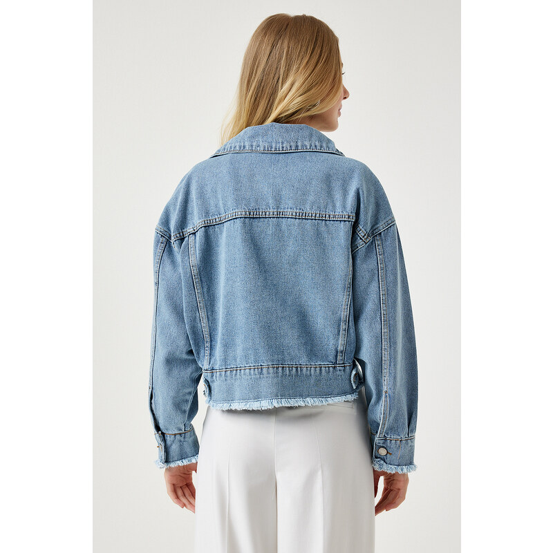 Happiness İstanbul Women's Light Blue Tassel Detailed Pocket Short Denim Jacket