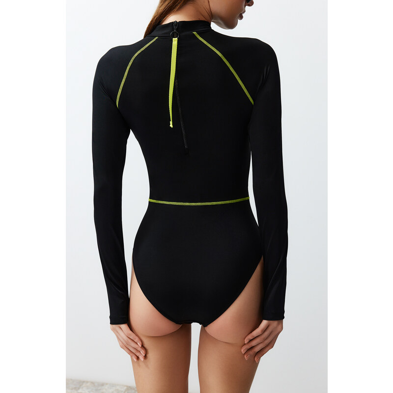 Trendyol Black Zipper Long Sleeve Regular Surf Swimsuit