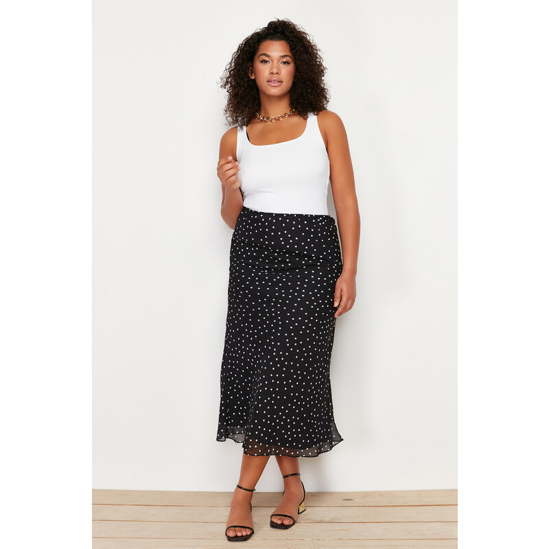 Trendyol Curve Black Polka Dot Herringbone Woven Skirt