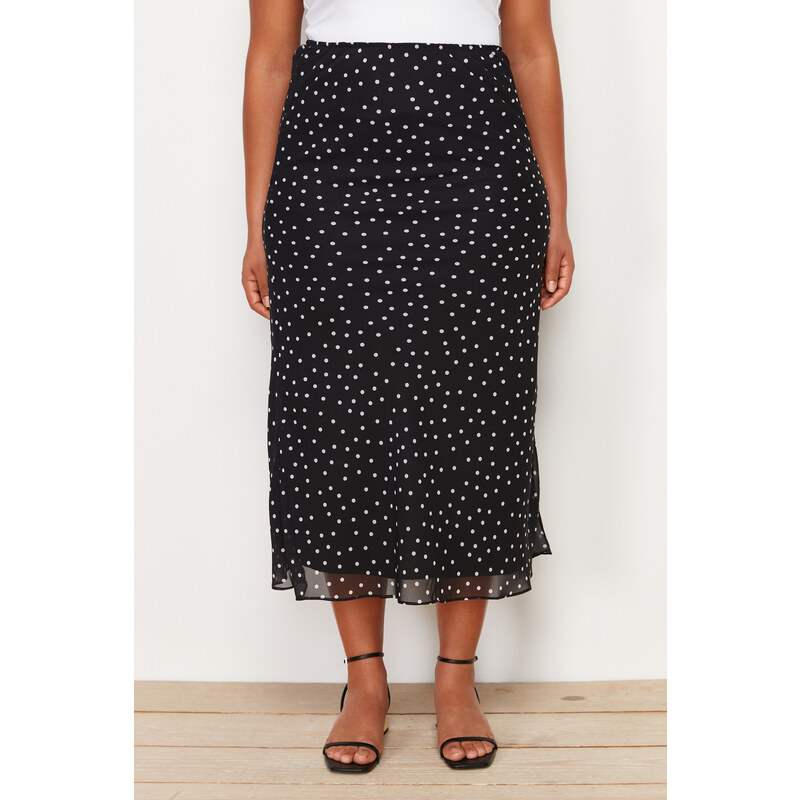 Trendyol Curve Black Polka Dot Herringbone Woven Skirt