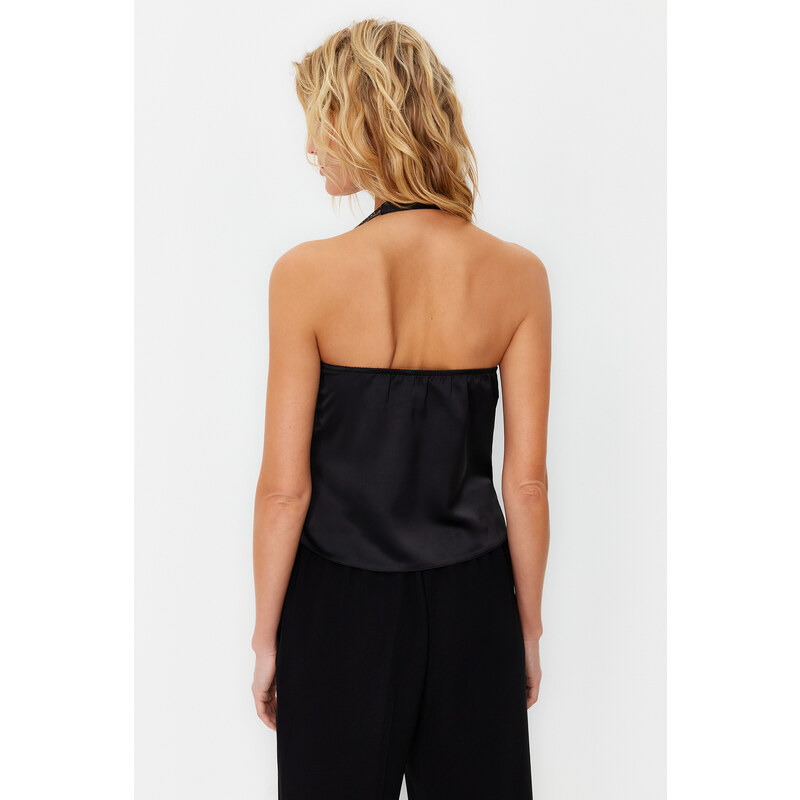 Trendyol Black Plunging Neck Satin Blouse