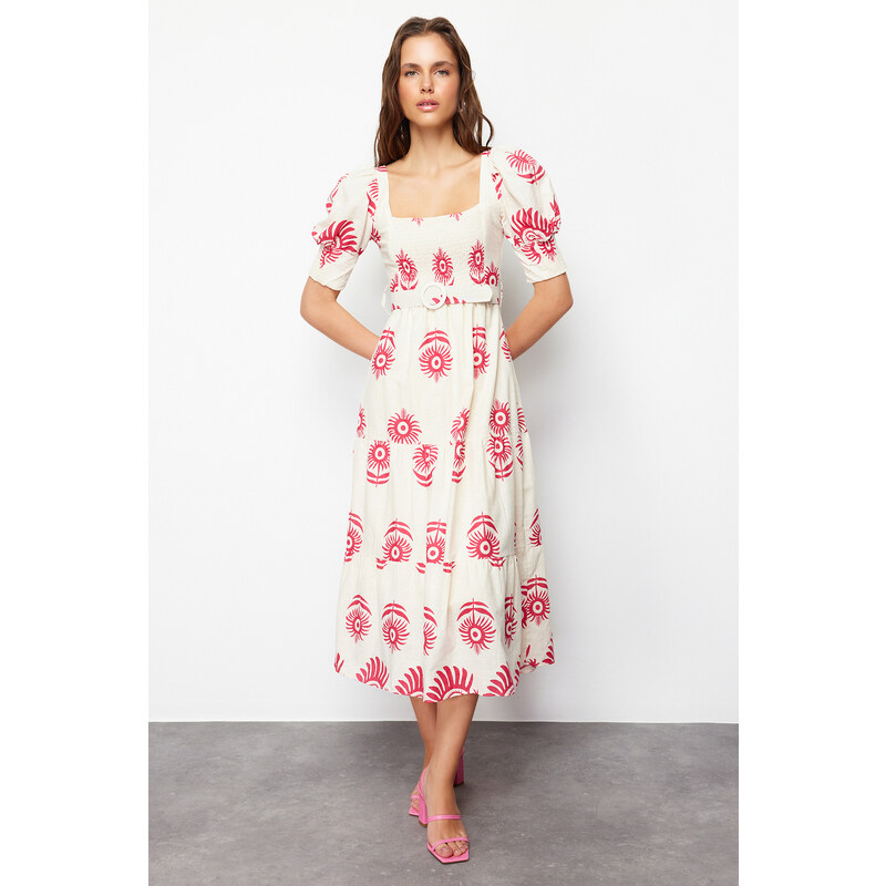 Trendyol Pink Patterned Square Collar Linen Look Woven Midi Dress with Belt