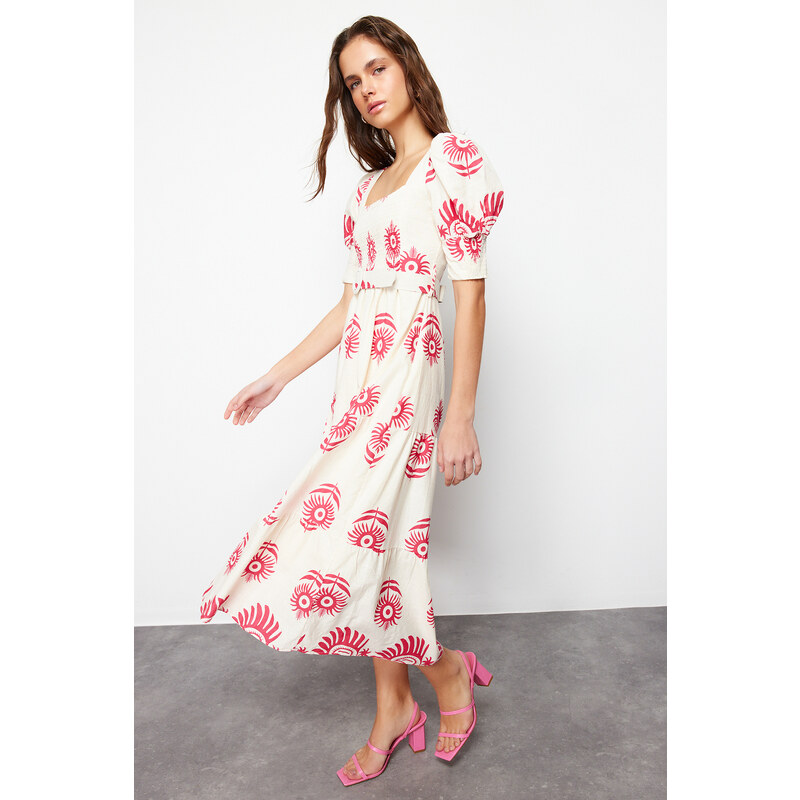 Trendyol Pink Patterned Square Collar Linen Look Woven Midi Dress with Belt