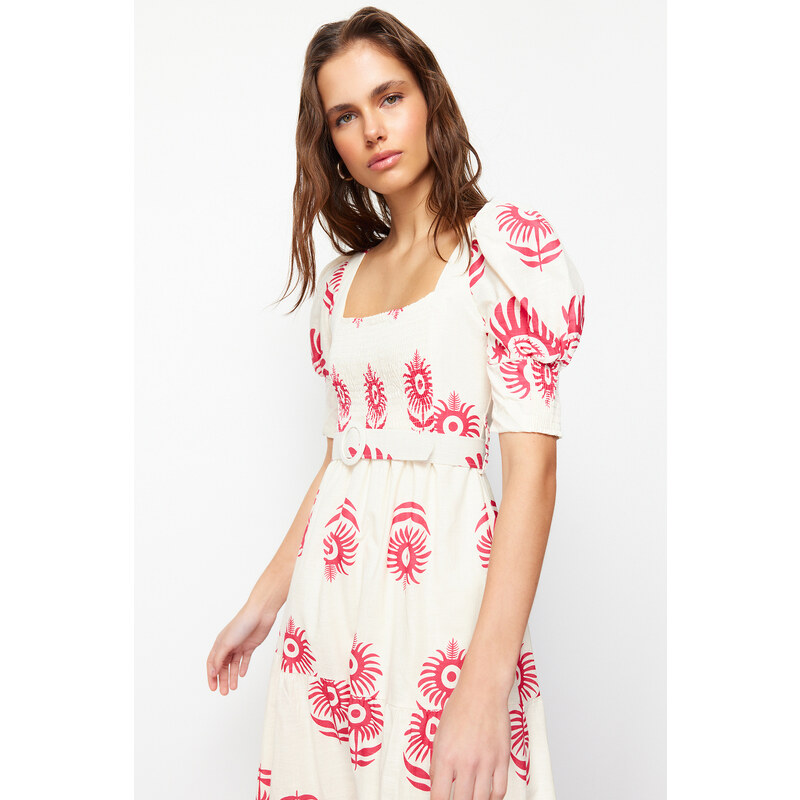 Trendyol Pink Patterned Square Collar Linen Look Woven Midi Dress with Belt