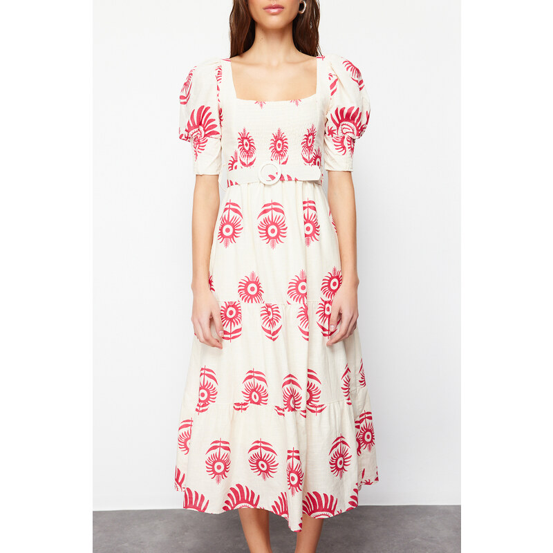 Trendyol Pink Patterned Square Collar Linen Look Woven Midi Dress with Belt