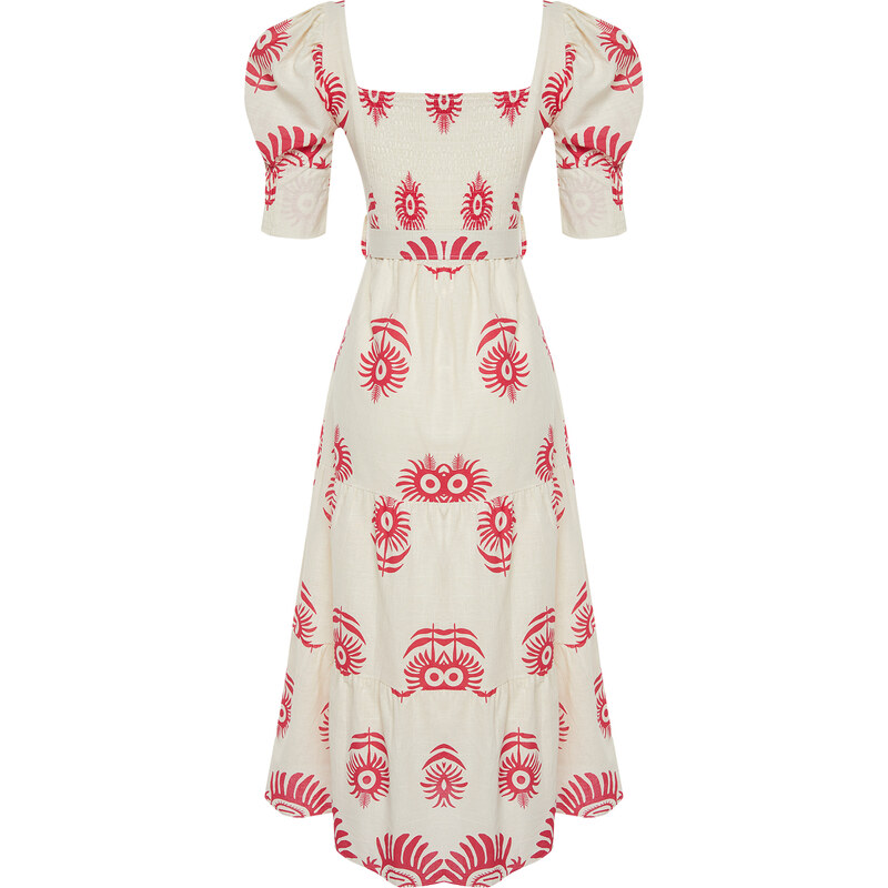 Trendyol Pink Patterned Square Collar Linen Look Woven Midi Dress with Belt