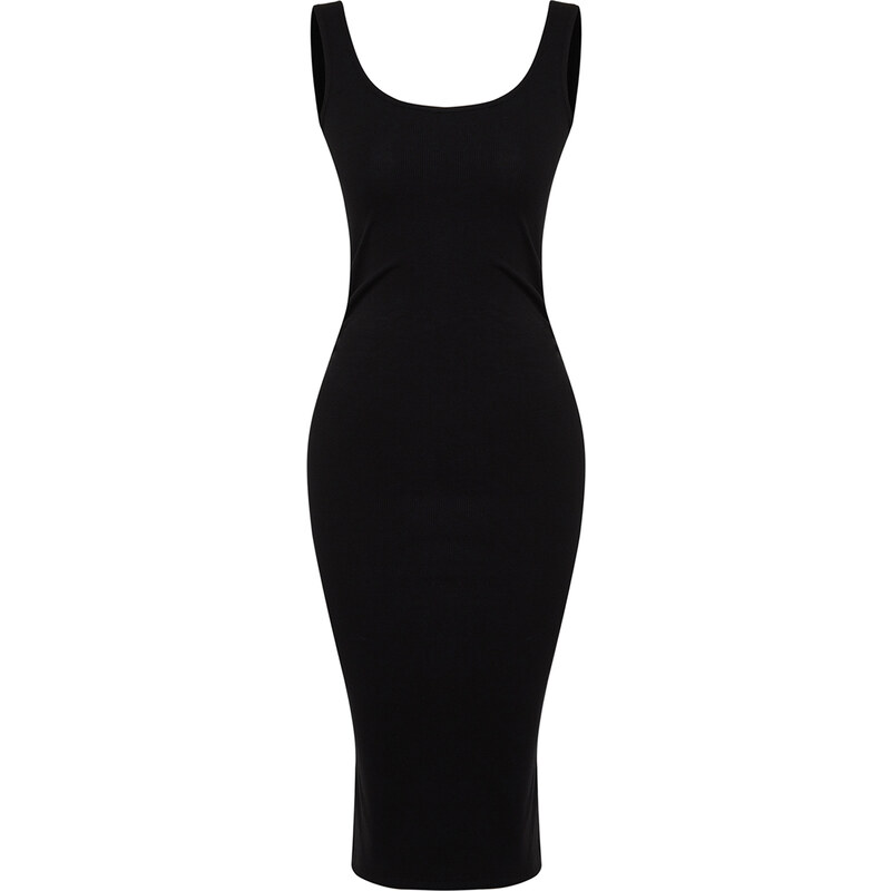 Trendyol Black Pool Neckline Decollete Gathered Bodycone/Capable Elastic Knitted Midi Dress