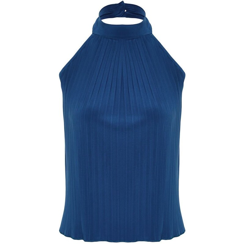 Trendyol Indigo Pleat Barter Neck Regular/Regular Fit Knitted Blouse