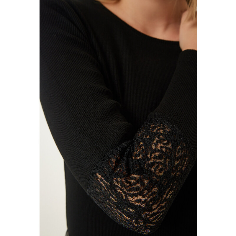 Happiness İstanbul Women's Black Lace Wrap Ribbed Knitted Blouse