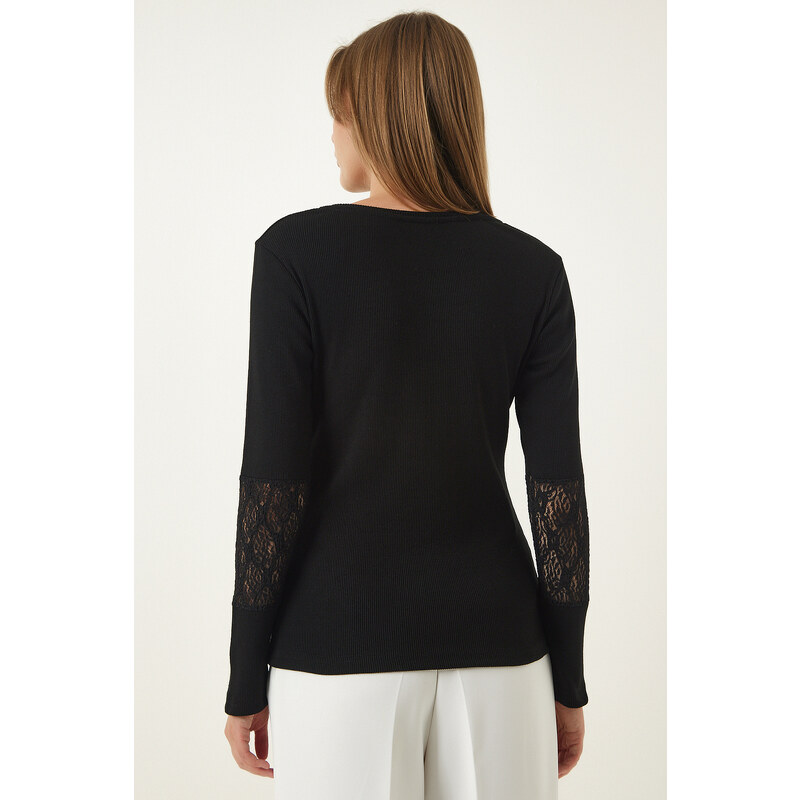 Happiness İstanbul Women's Black Lace Wrap Ribbed Knitted Blouse