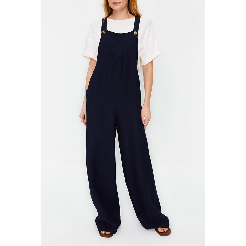 Trendyol Navy Blue Wide Leg Maxi Gilet Woven Linen Look Jumpsuit