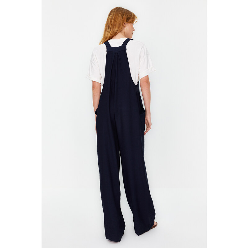 Trendyol Navy Blue Wide Leg Maxi Gilet Woven Linen Look Jumpsuit