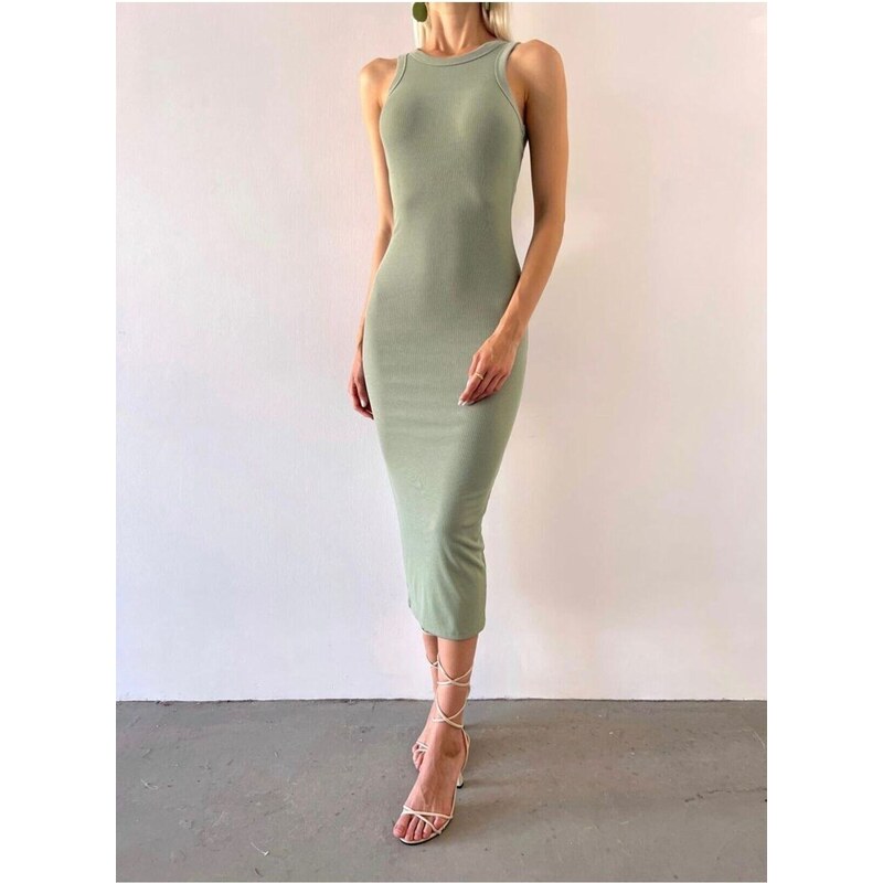Laluvia Mint Fitted Ribbed Midi Dress
