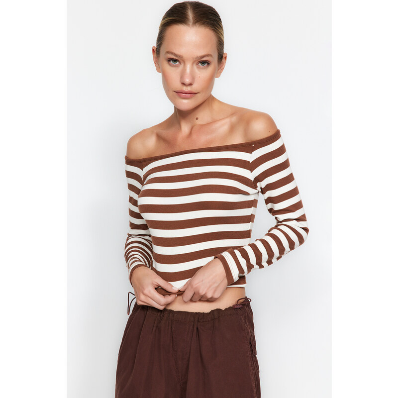 Trendyol Brown With Soft Fabric Striped Carmen Collar Fitted
