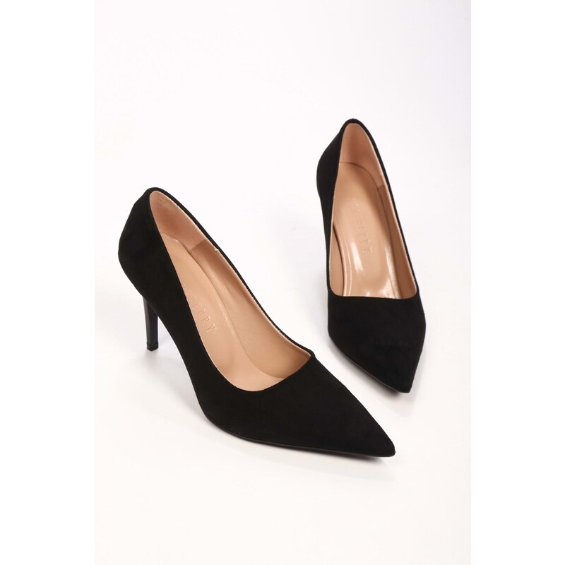 Shoeberry Women's Podelta Black Suede Classic Heeled Stilettos