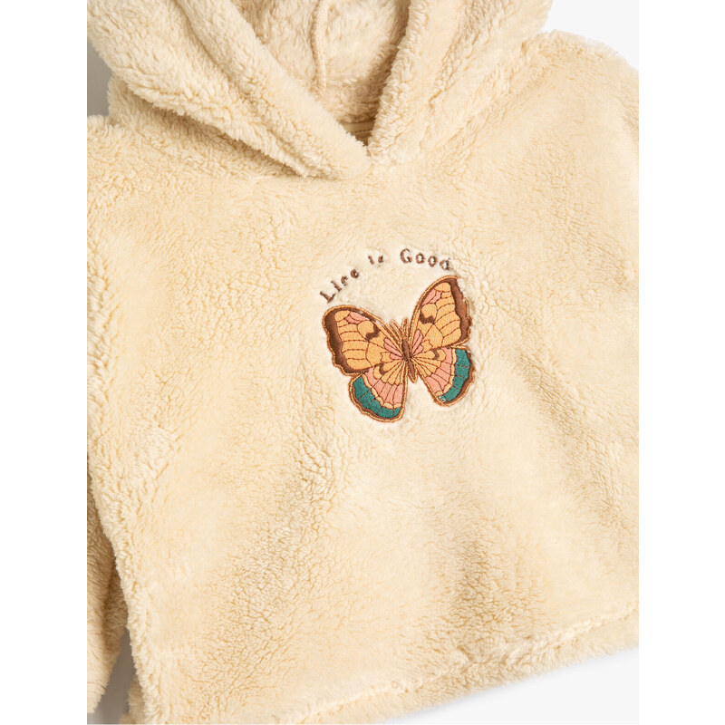 Koton Plush Hooded Sweatshirt Butterfly Embroidered Long Sleeve