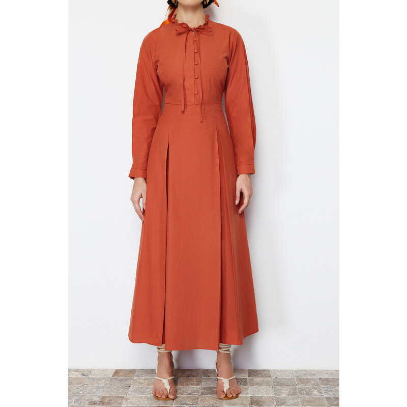 Trendyol Tile Collar Tie Detailed Buttoned Woven Dress