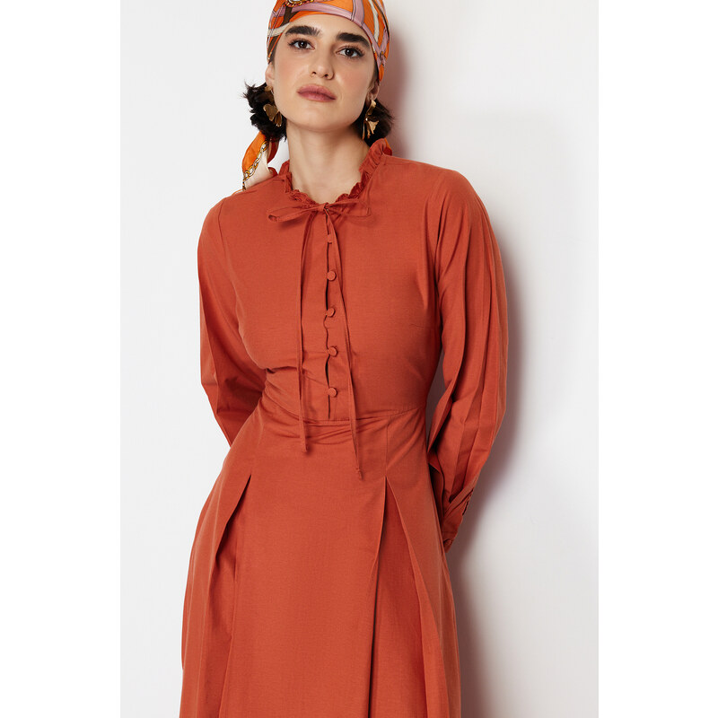 Trendyol Tile Collar Tie Detailed Buttoned Woven Dress