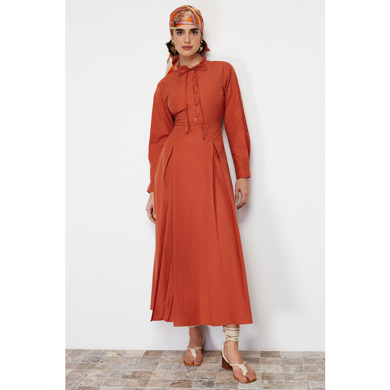 Trendyol Tile Collar Tie Detailed Buttoned Woven Dress