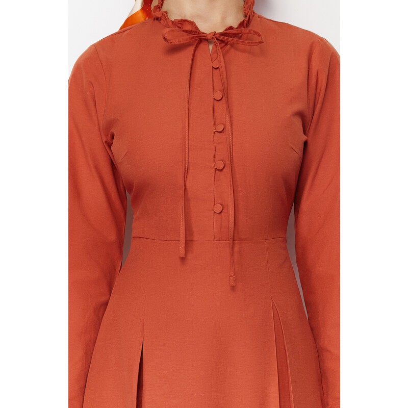 Trendyol Tile Collar Tie Detailed Buttoned Woven Dress