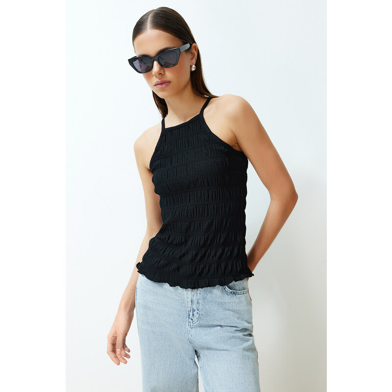 Trendyol Black Textured Plain Slim Halter Neck Strap Knitted Blouse 115606433