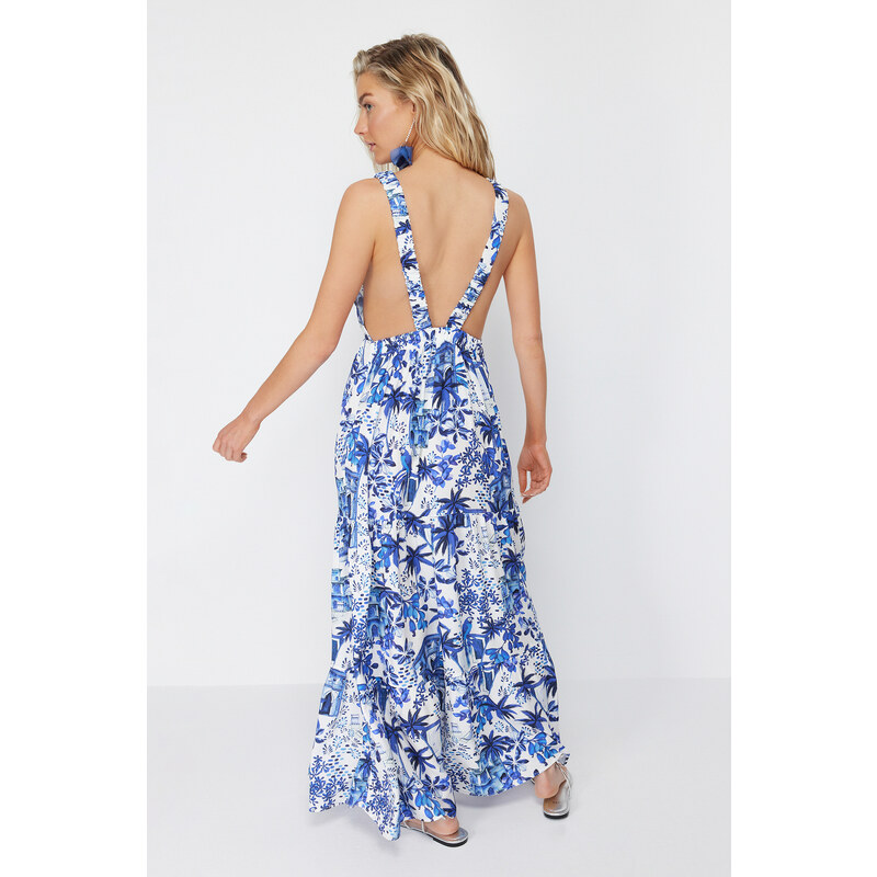 Trendyol Tropical Patterned Maxi Woven Decollete Backless Beach Dress
