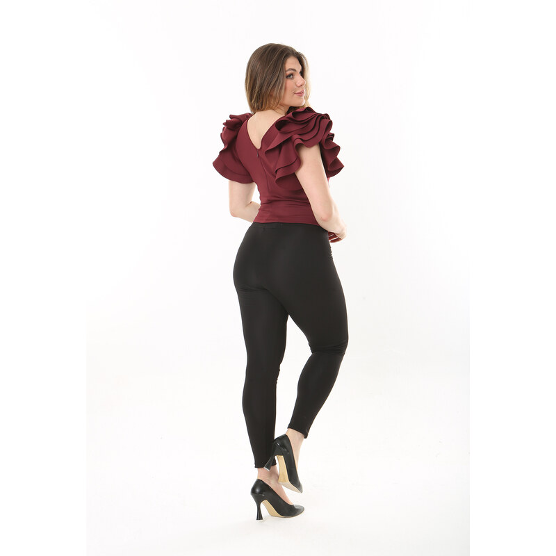 Şans Women's Plus Size Burgundy Flounce Sleeve Back Hidden Zipper Blouse